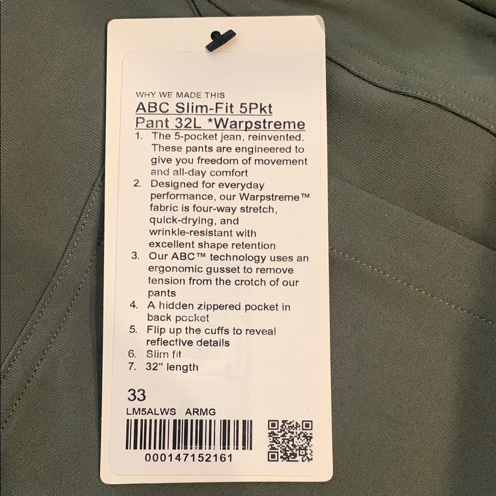 Lululemon Athletica ABC Slim-Fit 5pkt Pant 32L *Warpstreme Green Casual Pants